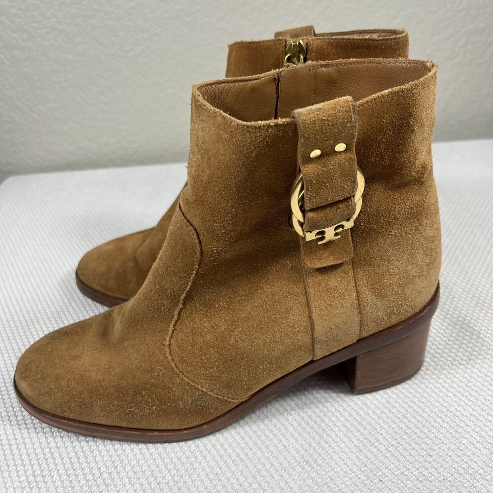 Tory Burch Marsden Bootie Tan Suede Size 7M With Gold Logo On Both - Picture 6 of 11